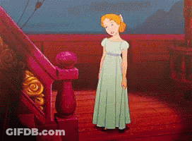 A Cartoon Of Wendy From Peter Pan Standing Next To A Railing GIF