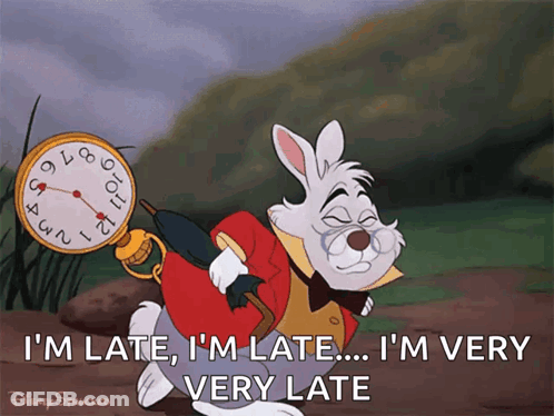 A Cartoon Of White Rabbit From Alice In Wonderland Carrying A Pocket Watch GIF