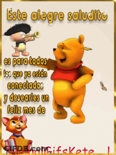 A Cartoon Of Winnie The Pooh And A Cat With An Accordion GIF