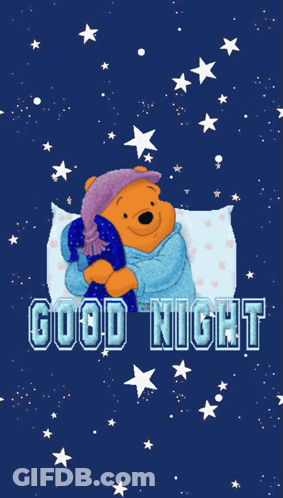 A Cartoon Of Winnie The Pooh Hugging A Blue Pillow With The Words Good Night GIF
