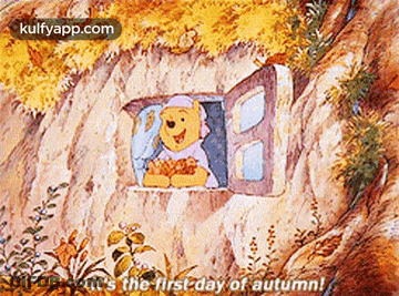 A Cartoon Of Winnie The Pooh In A Cave With The Words `` It 'S The First Day Of Autumn '' GIF
