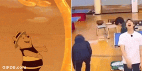 A Cartoon Of Winnie The Pooh Is Next To A Picture Of A Man In A Hoodie In A Gym . GIF