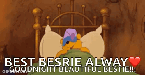 A Cartoon Of Winnie The Pooh Laying In A Bed With A Purple Hat On . GIF