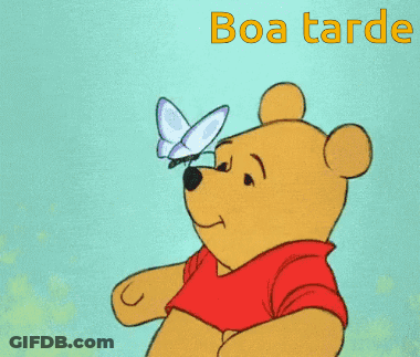 A Cartoon Of Winnie The Pooh Looking At A Butterfly With The Words Boa Tarde Below GIF