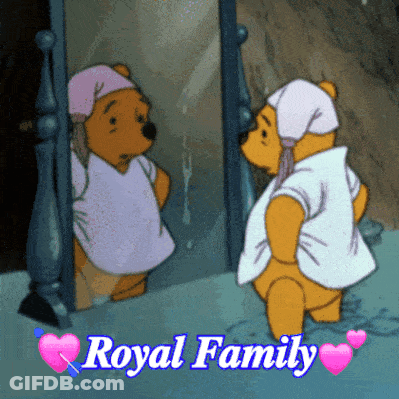 A Cartoon Of Winnie The Pooh Looking At Himself In A Mirror With The Words Royal Family GIF