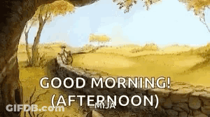 A Cartoon Of Winnie The Pooh Riding A Bike Down A Path With The Words `` Good Morning ! '' GIF