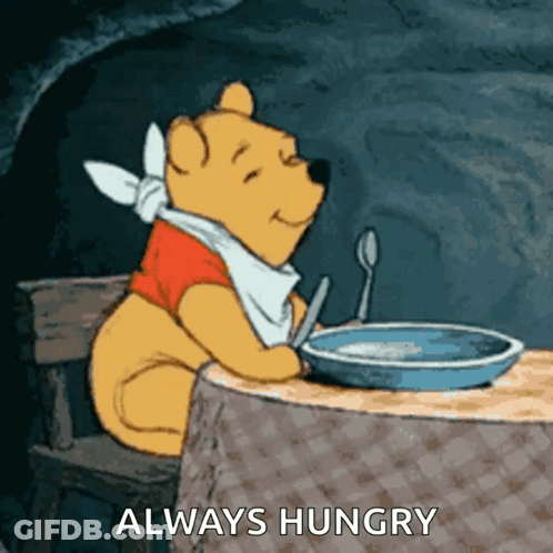 A Cartoon Of Winnie The Pooh Sitting At A Table With A Bowl Of Cereal GIF