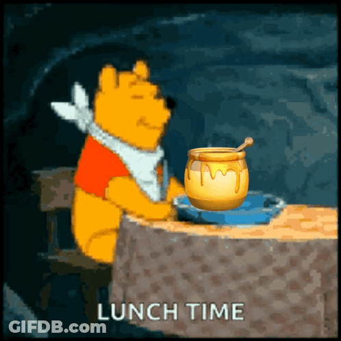 A Cartoon Of Winnie The Pooh Sitting At A Table With A Jar Of Honey And The Words Lunch Time Below Him GIF