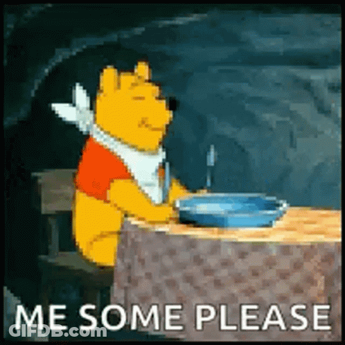 A Cartoon Of Winnie The Pooh Sitting At A Table With A Plate Of Food And A Fork . GIF