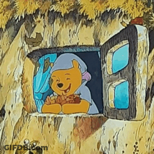 A Cartoon Of Winnie The Pooh Sitting In A Window Holding A Piece Of Food . GIF