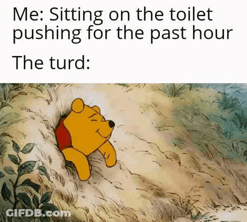 A Cartoon Of Winnie The Pooh Sitting On The Toilet Pushing For The Past Hour The Turd . GIF