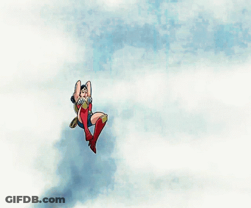 A Cartoon Of Wonder Woman Flying In The Air GIF