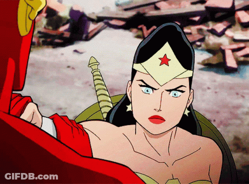 A Cartoon Of Wonder Woman Holding A Sword And Looking At The Flash GIF