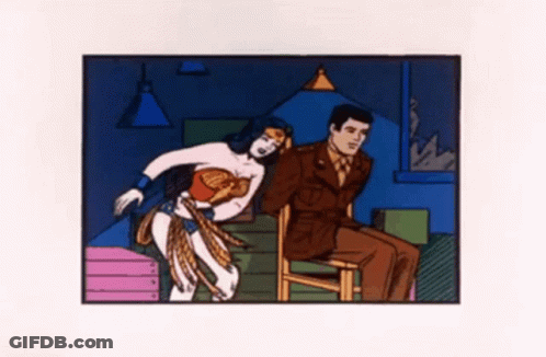 A Cartoon Of Wonder Woman Standing Next To A Man GIF