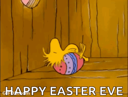 A Cartoon Of Woodstock Holding An Easter Egg And The Words Happy Easter Eve GIF