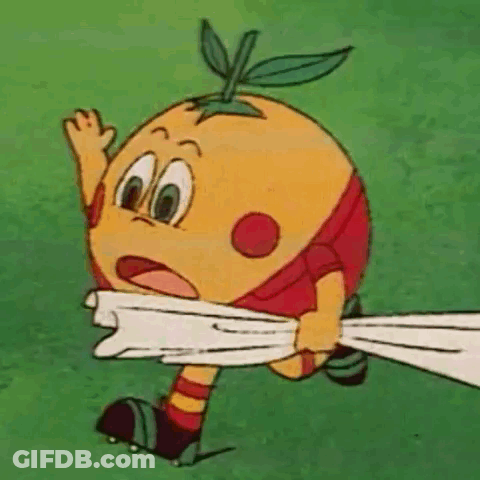 A Cartoon Orange Is Running With A Towel Around Its Mouth . GIF