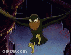 A Cartoon Owl Is Flying In The Air With Its Wings Spread GIF