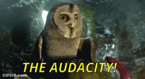A Cartoon Owl Is Sitting On A Rock With The Words `` The Audacity '' Written On The Bottom . GIF