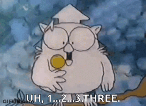A Cartoon Owl Is Sitting On A Tree Branch Holding A Coin And Saying Uh , 1 ... 2 ... 3 . GIF
