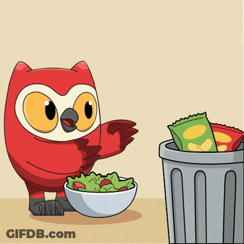 A Cartoon Owl Is Standing Next To A Bowl Of Food And A Trash Can GIF