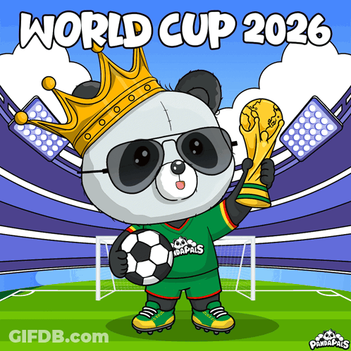 A Cartoon Panda Bear Holding A Soccer Ball And A Trophy With The Words World Cup 2026 Behind Him GIF