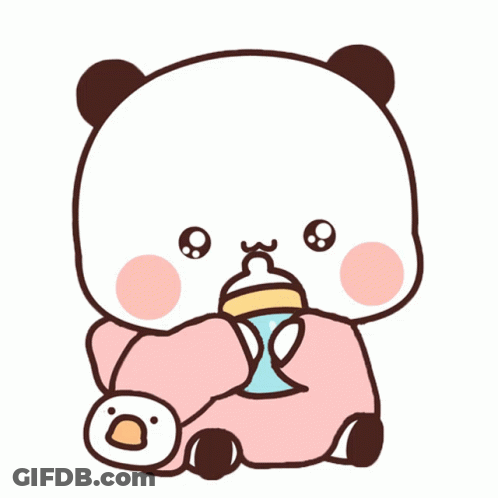 A Cartoon Panda Bear Is Holding A Bottle And A Penguin GIF
