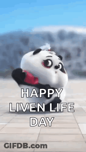 A Cartoon Panda Bear Is Holding A Red Heart And Says `` Happy Liven Life Day '' . GIF