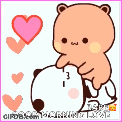 A Cartoon Panda Bear Is Kissing Another Panda Bear With A Heart In The Background . GIF