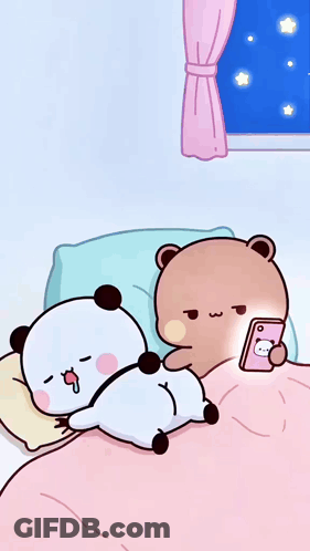 A Cartoon Panda Bear Is Laying On A Bed Next To A Brown Bear Who Is Holding A Cell Phone . GIF