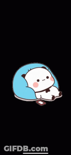 A Cartoon Panda Bear Is Laying On A Blue Pillow GIF