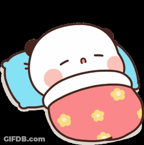 A Cartoon Panda Bear Is Sleeping On A Bed With A Pink Blanket And Blue Pillow . GIF