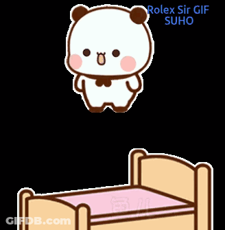 A Cartoon Panda Bear Is Standing Next To A Bed . GIF