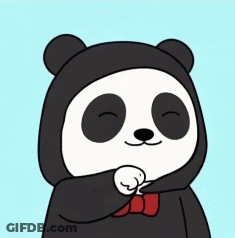 A Cartoon Panda Bear Wearing A Black Hooded Jacket And A Red Bow Tie GIF