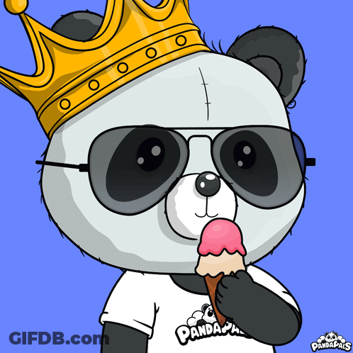 A Cartoon Panda Bear Wearing A Crown And Sunglasses Eating An Ice Cream Cone GIF