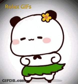 A Cartoon Panda Bear Wearing A Green Skirt And A Flower On Its Head GIF