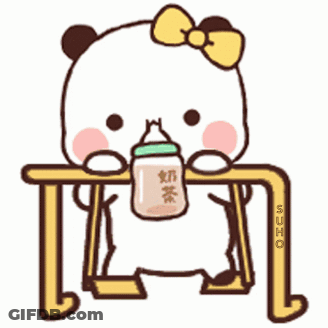 A Cartoon Panda Bear With A Bow On Its Head Is Sitting At A Table Holding A Bottle Of Milk . GIF