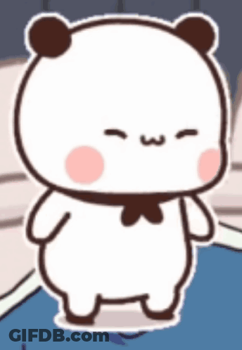 A Cartoon Panda Bear With A Bow Tie Is Standing On A Blue Floor . GIF