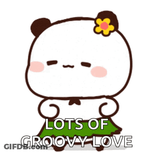 A Cartoon Panda Bear With A Flower In Its Hair And The Words Lots Of Groovy Love GIF