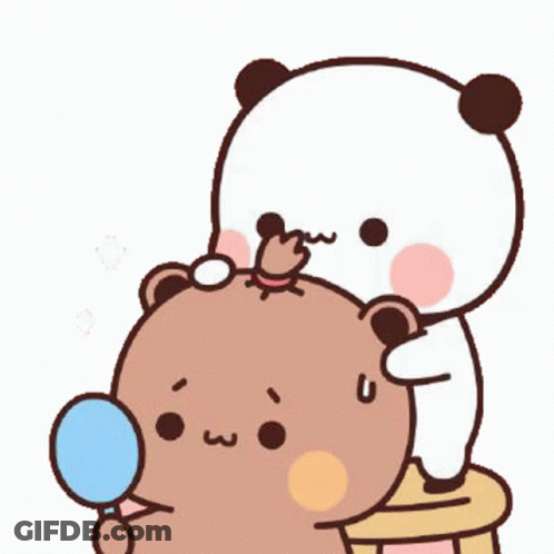 A Cartoon Panda Is Brushing Another Panda 'S Hair While Looking At Himself In A Mirror . GIF