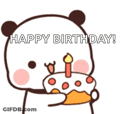 A Cartoon Panda Is Holding A Birthday Cake With A Candle In Its Mouth . GIF