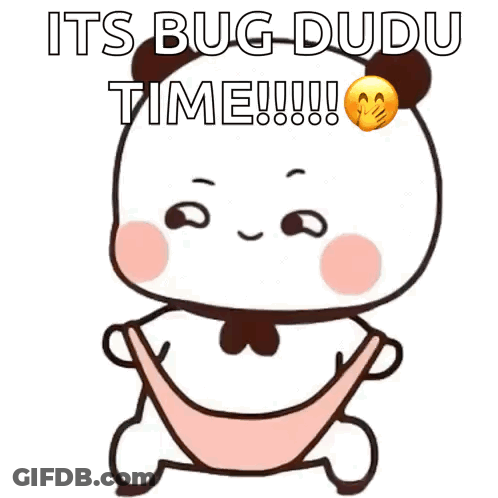 A Cartoon Panda Is Sitting In A Hammock With The Words `` It 'S Bug Dudu Time !!! '' Written On It . GIF