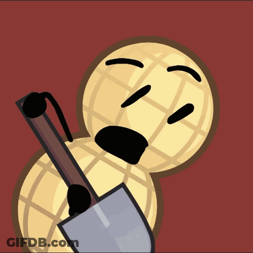 A Cartoon Peanut Is Holding A Shovel With A Face On It GIF