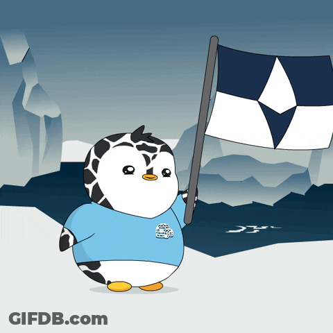 A Cartoon Penguin Holding A Flag With A Diamond On It GIF