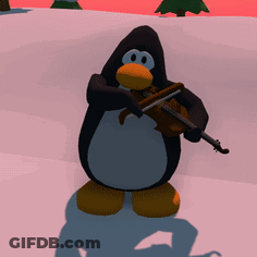 A Cartoon Penguin Holding A Gun In A Snowy Field GIF