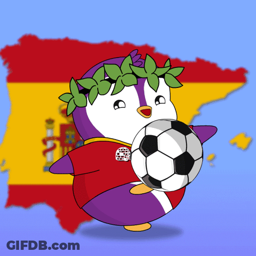 A Cartoon Penguin Holding A Soccer Ball In Front Of A Spanish Map GIF