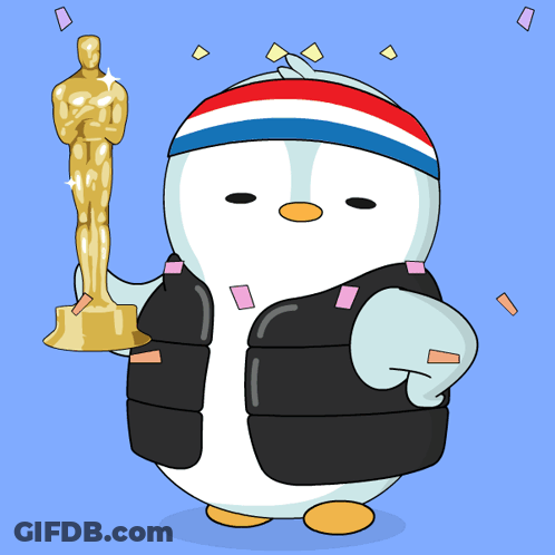 A Cartoon Penguin Holding An Oscar Statue With Confetti Around It GIF