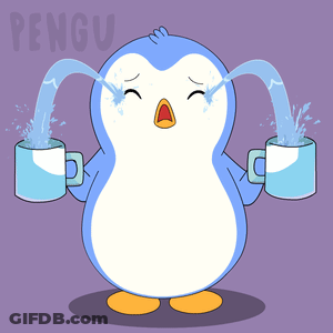 A Cartoon Penguin Is Crying And Pouring Water From Two Cups GIF