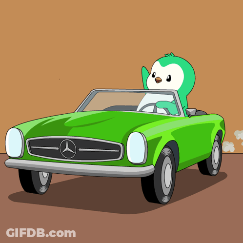 A Cartoon Penguin Is Driving A Green Mercedes Car GIF