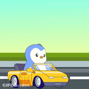 A Cartoon Penguin Is Driving A Yellow Car Next To A Sign That Says Welcome To Station GIF