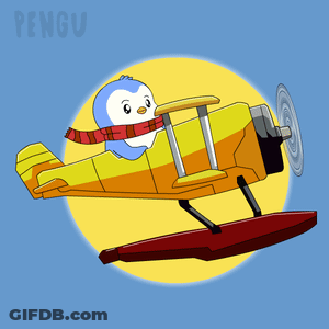 A Cartoon Penguin Is Flying A Yellow Airplane GIF